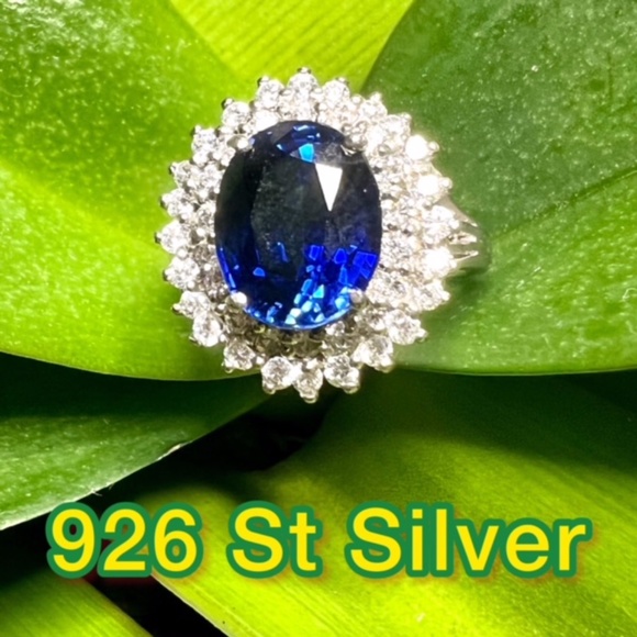 925 St Silver Jewelry - GORGEOUS 3.3 Ct NAVY BLUE SAPPHIRE & CZ 925 STERLING SILVER WOMEN COCKTAIL RING
